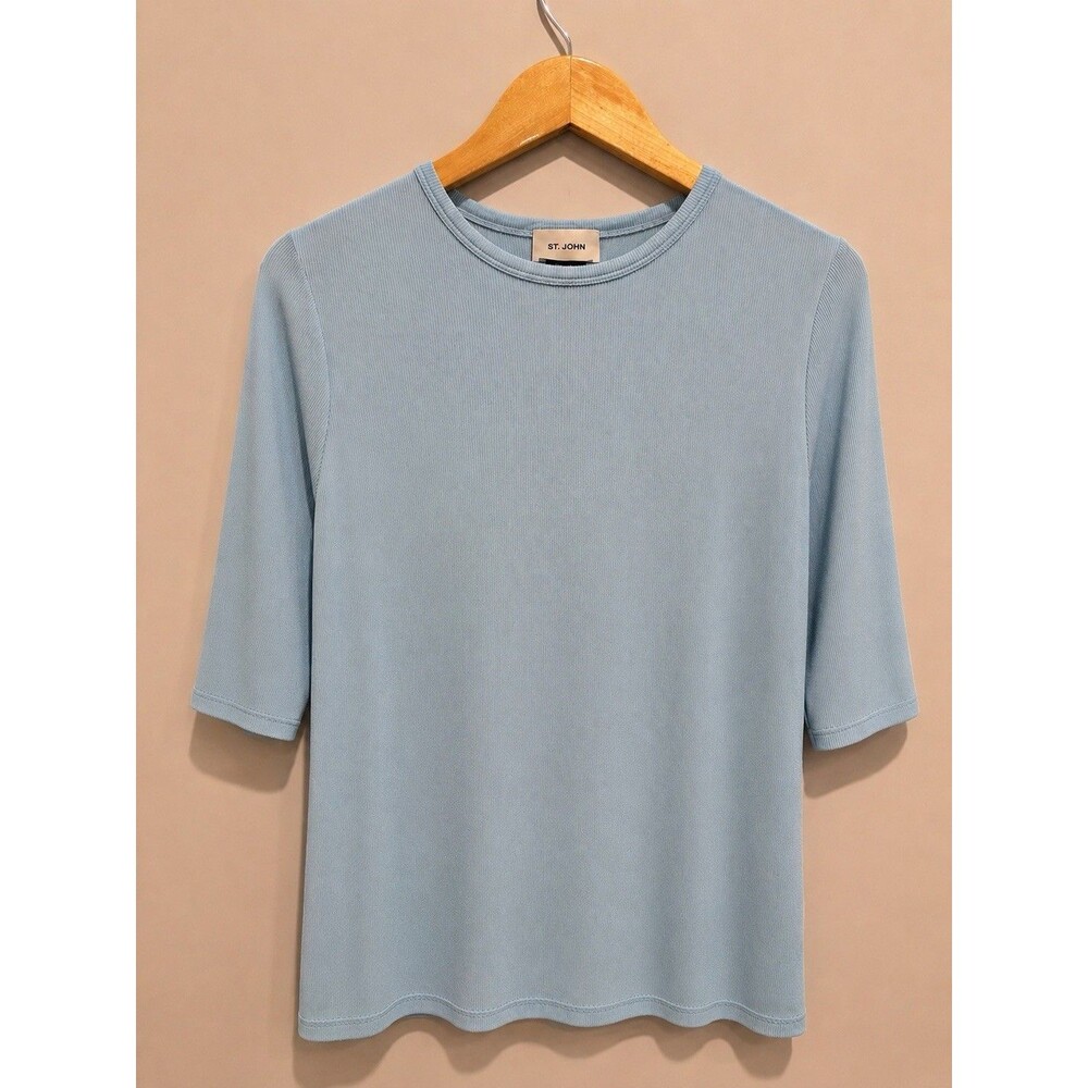 St John Crew Neck Mid Sleeve Light Blue Ribbed Top Size L